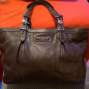 Coach East West Gallery Dark Brown Leather Tote Bag with Silver Accents